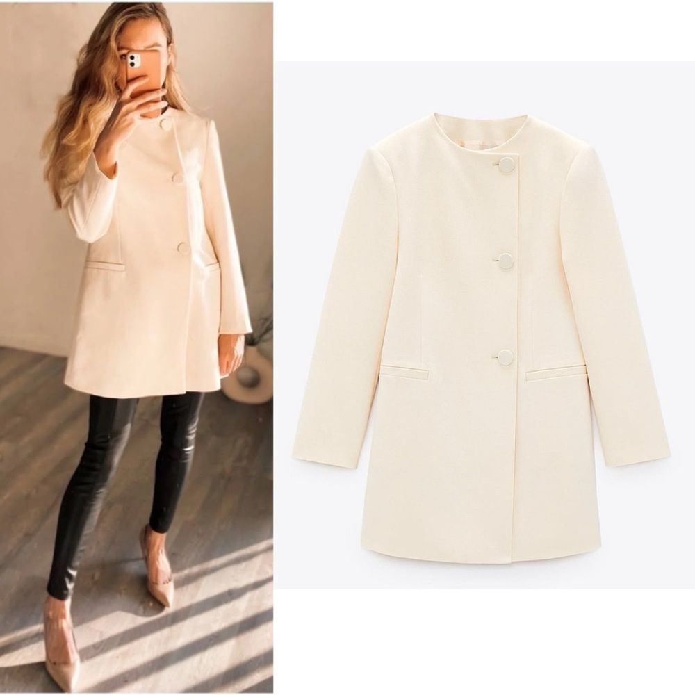 ZARA Ivory Cream Double-Breasted Button Down Round Neck Frock Coat